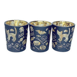 Boo Cat Gothic Black & Gold Votive Candle Holder (Set of 3) Kitty Tealight Glass